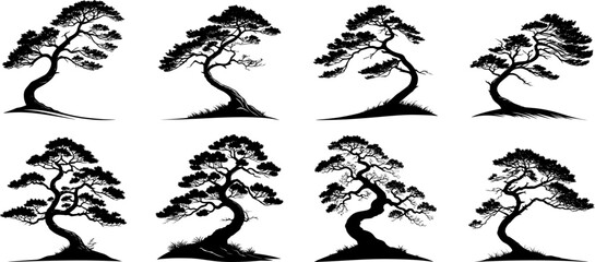 Windswept Pine and Bonsai Tree Silhouette Collection, Elegant Nature Vector Set