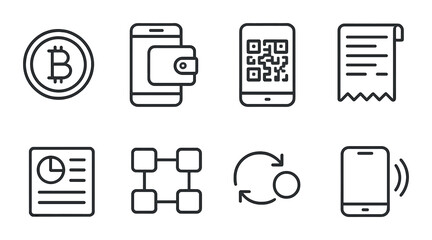 Digital finance linear icons set – outline, cryptocurrency and banking symbols