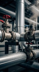 Industrial metal pipeline system with red valves and steam. Heating system and water supply for urban infrastructure.