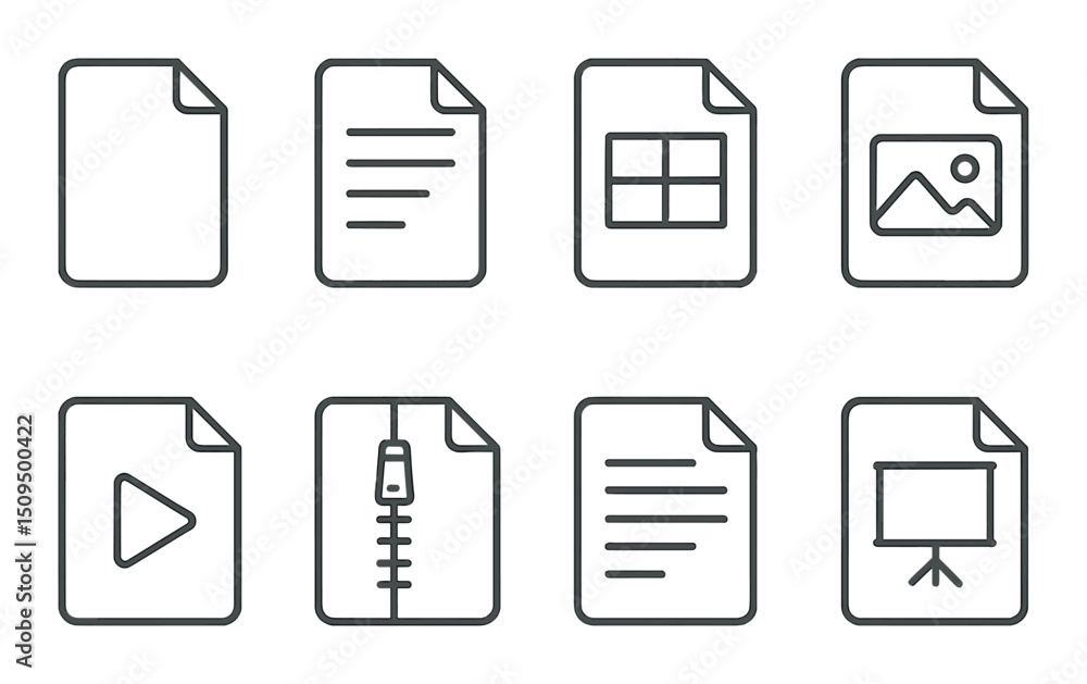 Poster file format outline icons set – document, media and data type symbols