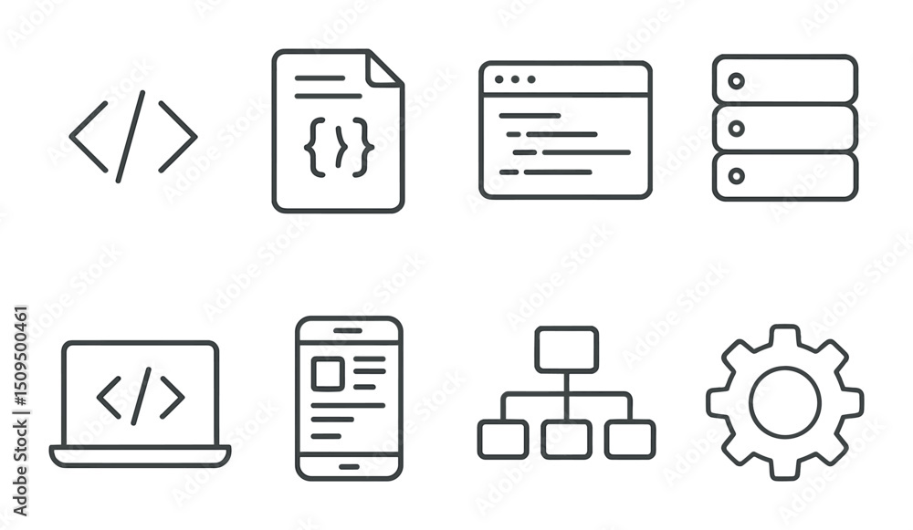 Fototapete Web development linear icons set – outline, coding and programming symbol pack
