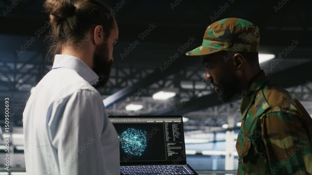 Poster military personnel overseeing ai computing operations on laptop in high tech server facility. army t