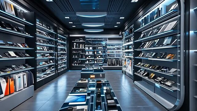 Futuristic retail store interior, modern displays, technology products, empty space