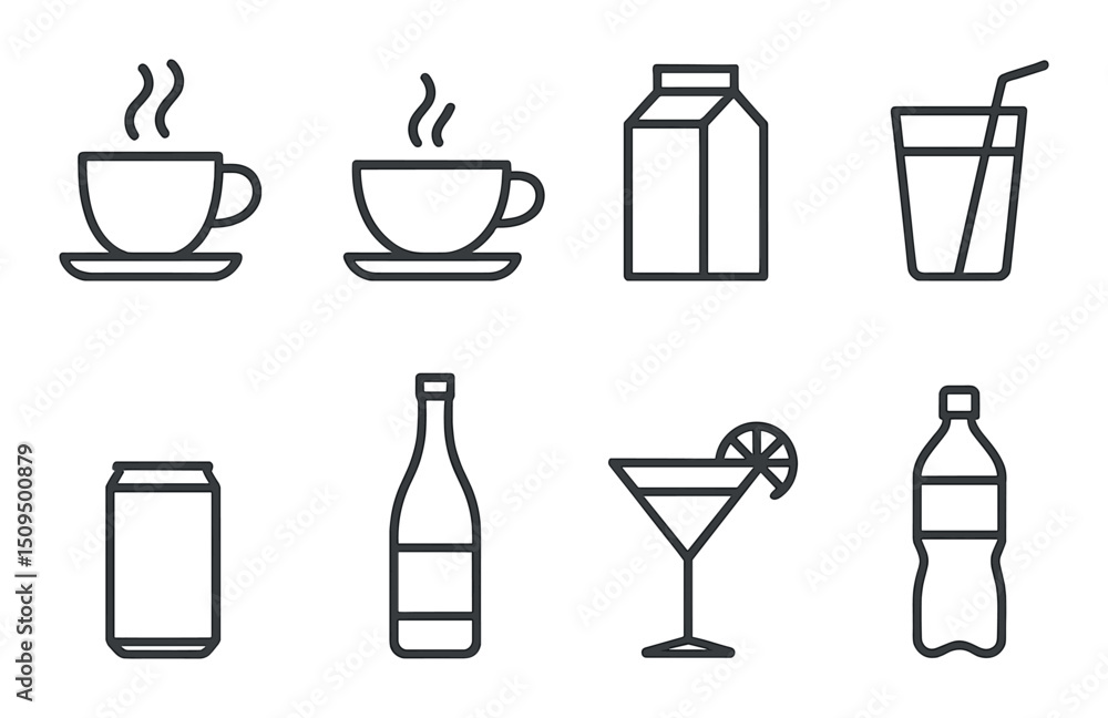 Poster beverages icons set – linear, drink and refreshment symbols for menus