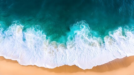Aerial View Turquoise Ocean Waves Crashing Sandy Beach