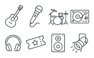 Concert and music line icons set – outline, performance and festival symbols