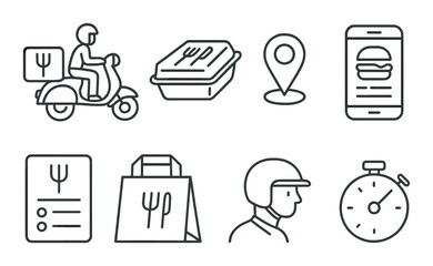 Food delivery outline icons set – linear, courier and meal service symbols