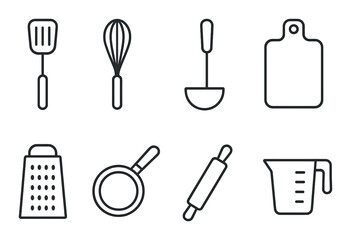 Kitchen utensils icons set - linear, cooking tools and culinary essentials
