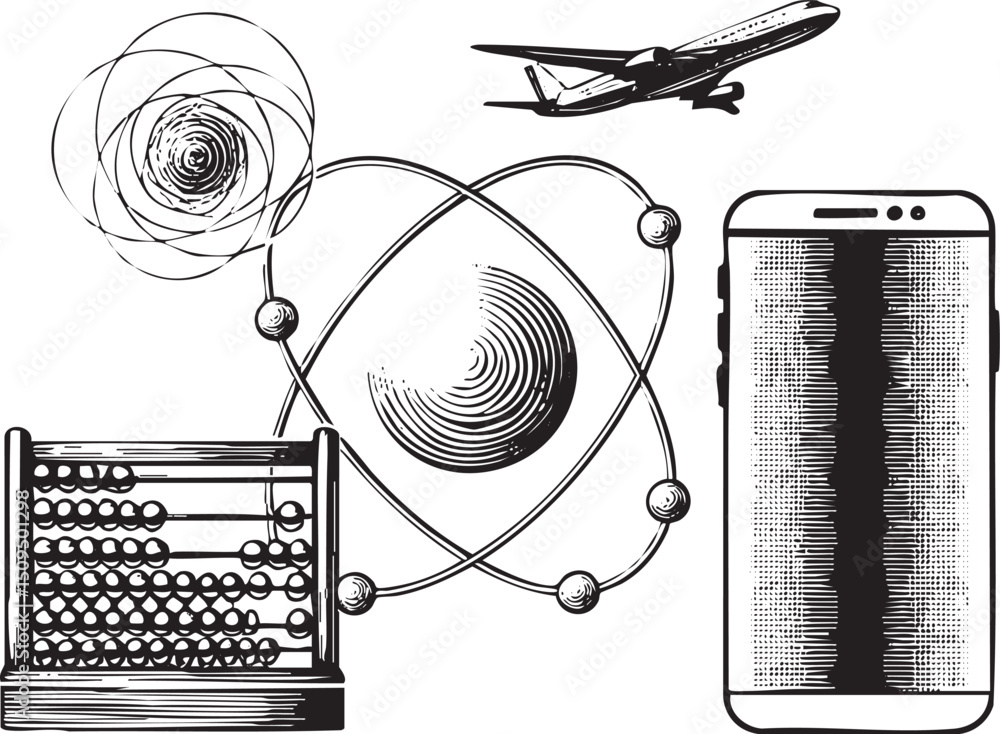 Aufkleber stylized combines an airplane a calculator and a smartphone displaying sound waves.