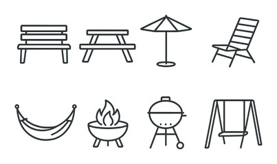 Outdoor furniture linear icons set – patio, garden and backyard essentials symbols