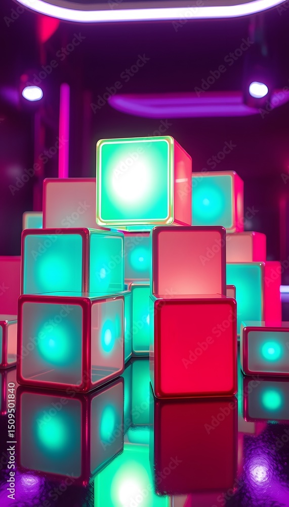 Aufkleber abstract glowing cubes, neon lights and reflections. vibrant colors create a dynamic backdrop. futur