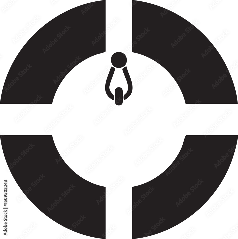 Poster stylized circle features a central figure and intersecting lines.