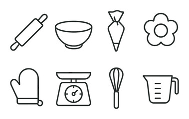 Bakery tools outline icons set – kitchenware, baking and culinary equipment symbols