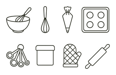 Bakery tools line icons set – silhouette, baking gadgets and kitchen utensils symbols