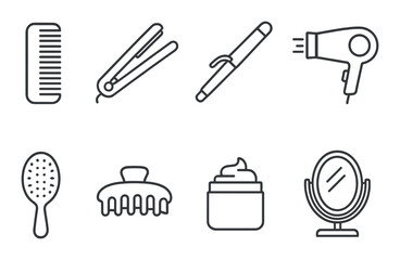 Hair care linear icons set – silhouette, styling tools and grooming essentials