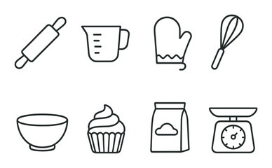 Baking tools icons set – silhouette, kitchen, cooking equipment graphics