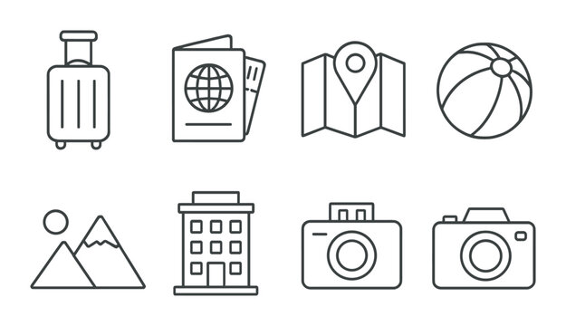 Holiday and travel silhouette icons set – adventure, vacation, getaway visuals