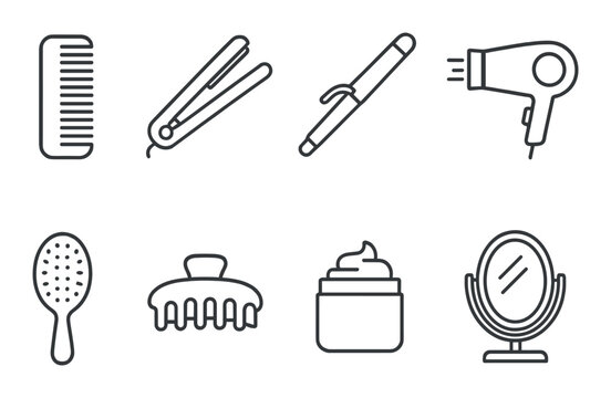 Hair care linear icons set – silhouette, styling tools and grooming essentials