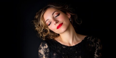 Elegant Woman Red Lips Closed Eyes Lace Dress Portrait