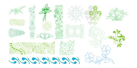 Vector illustration of various floral elements with green and blue outlines on white background
