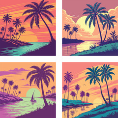 Fototapeta premium A sunset reflecting on water with neon palm tree shadows.