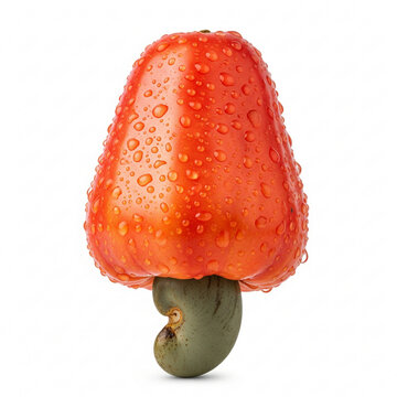 Fresh cashew apple with water droplets on the skin, conveying freshness and juiciness, isolated on pure white background, clean high-key lighting, hyper-realistic detail.