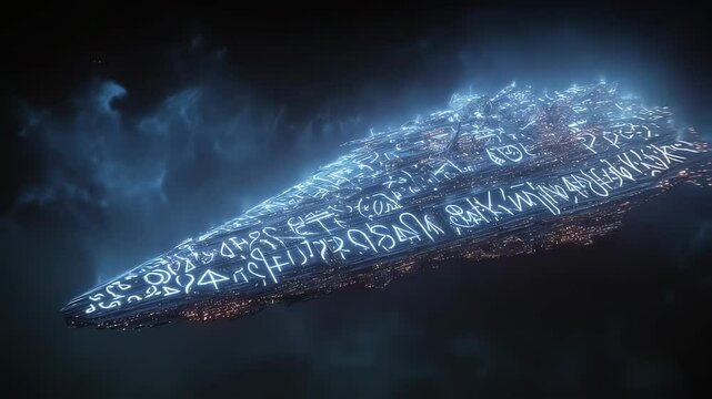 Vast spaceship hovers in deep space, adorned with glowing alien symbols and intricate designs, creating an otherworldly and mysterious atmosphere