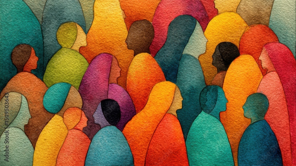 Poster abstract watercolor crowd of diverse people, representing community connection and social inclusion 