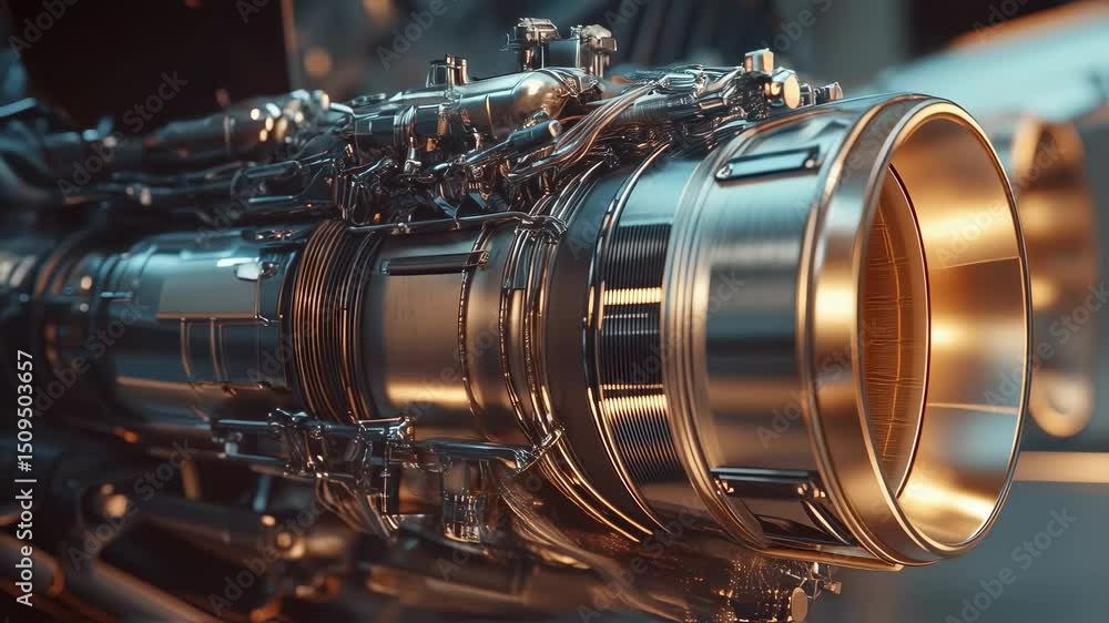 Poster close up animation showcasing a futuristic spaceship engine rotating, revealing intricate details an