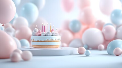 Pastel Birthday Cake with Lit Candles Surrounded by Balloons and