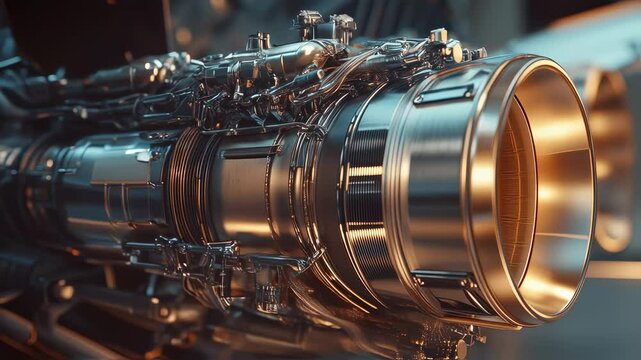 Close up animation showcasing a futuristic spaceship engine rotating, revealing intricate details and complex mechanical components, suggesting advanced propulsion technology