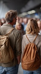 Obraz premium A tourist couple stands together, wearing casual outfits and backpacks, as they wait at an airport gate surrounded by a bustling crowd of travelers