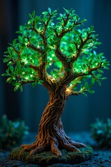 Glowing Fantasy Tree with Green Lights on Dark Blue Backdrop