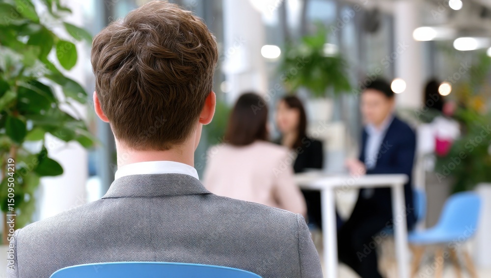 Poster man in suit back view at meeting, representing business collaboration and professional development i