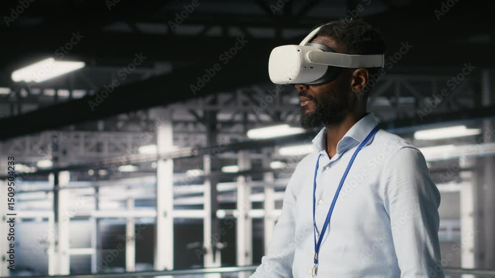 Poster data center admin using vr headset to monitor neural network ai systems. server room employee using 
