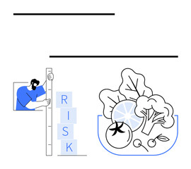 Person evaluating risk on a scale alongside fresh vegetables and fruits, symbolizing balance, wellness, and informed decision-making. Ideal for health, growth, strategy, business, balance wellness