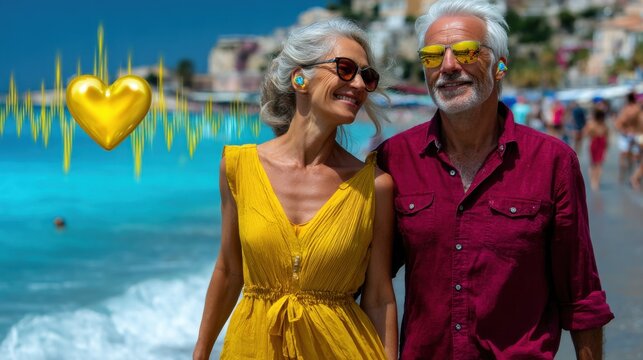 Smiling Senior Couple Wearing Earbuds on Beach With Golden Heart, Symbolizing Connection and Hearing Wellness : Generative AI