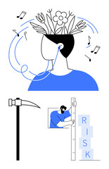 Person with plants and music notes emerging from open head, hammer tool, person measuring stacked risk blocks. Ideal for creativity, innovation, risk management, productivity, conceptual thinking