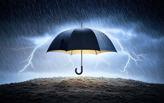 Black Umbrella in a Thunderstorm, Rain, Lightning, Protection