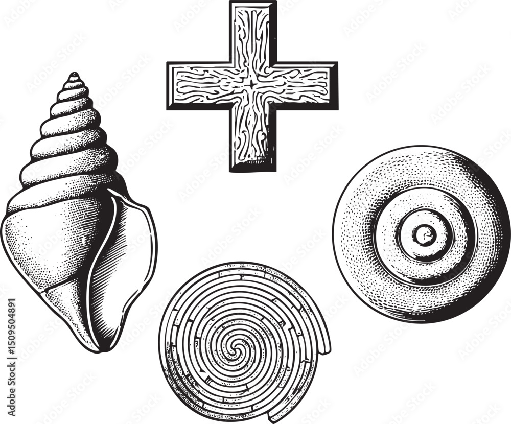 Poster black and white showcases a cross a spiral labyrinth a seashell and a circular object.
