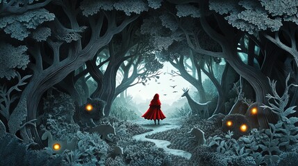 Paper cut art work of little red doll in the jungle