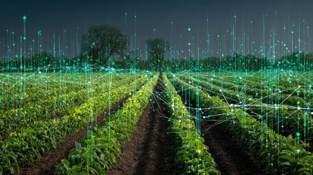 Innovative agricultural techniques transforming crop yields farmland digital farming nighttime high-tech concepts