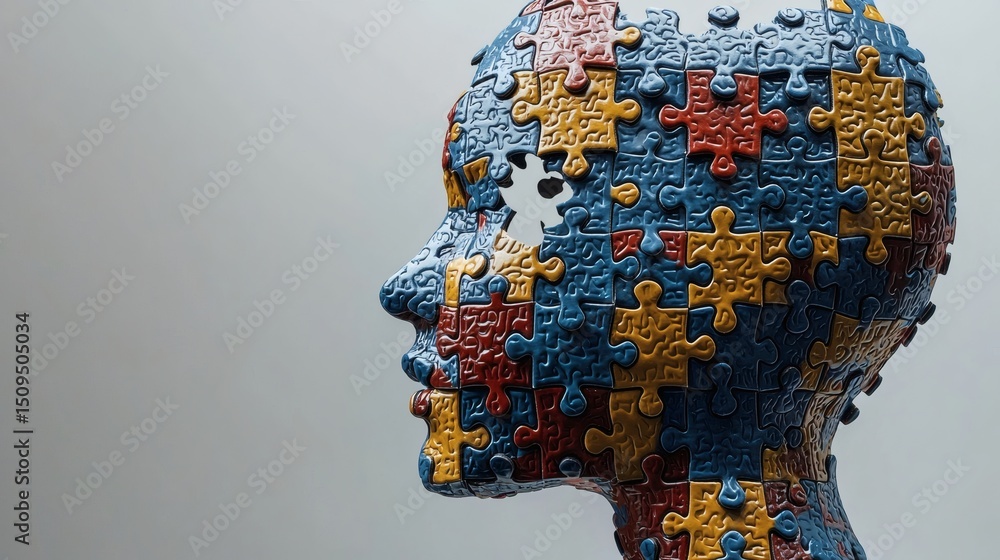Poster neurodiversity at work floating puzzle pieces in gradient tones forming a head shape, clean background with side copy space