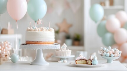 Pastel Birthday Celebration with Cake, Balloons, and Sweet Treat