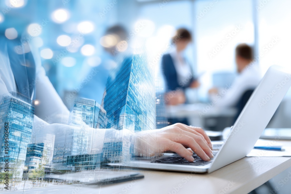 Poster hands typing on laptop in bright office with cityscape overlay, representing modern business solutio