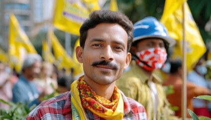 Obraz premium Young Man Smiling at Protest With Yellow Flags, Representing Social Justice and Community Activism in a Rally For Change and Solidarity : Generative AI