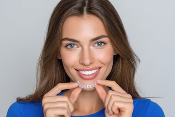 Smiling Woman Holding Clear Aligners, Promoting Dental Care and Cosmetic Dentistry for a Healthy Smile and Increased Self-Esteem in Orthodontic Treatment : Generative AI
