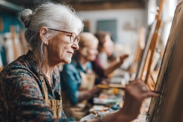Senior Woman Painting in Art Class With Friends, Representing Creative Expression and Community Engagement for Lifelong Learning Programs : Generative AI