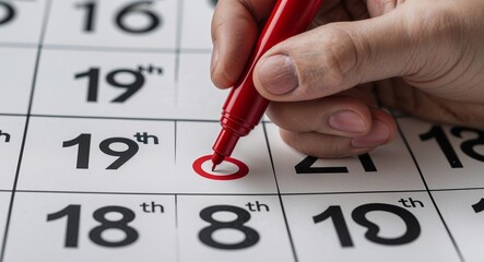 Close-Up Photograph of Hand Circling a Date on a Calendar with a Red Marker – Highlighting a Significant Event or Reminder