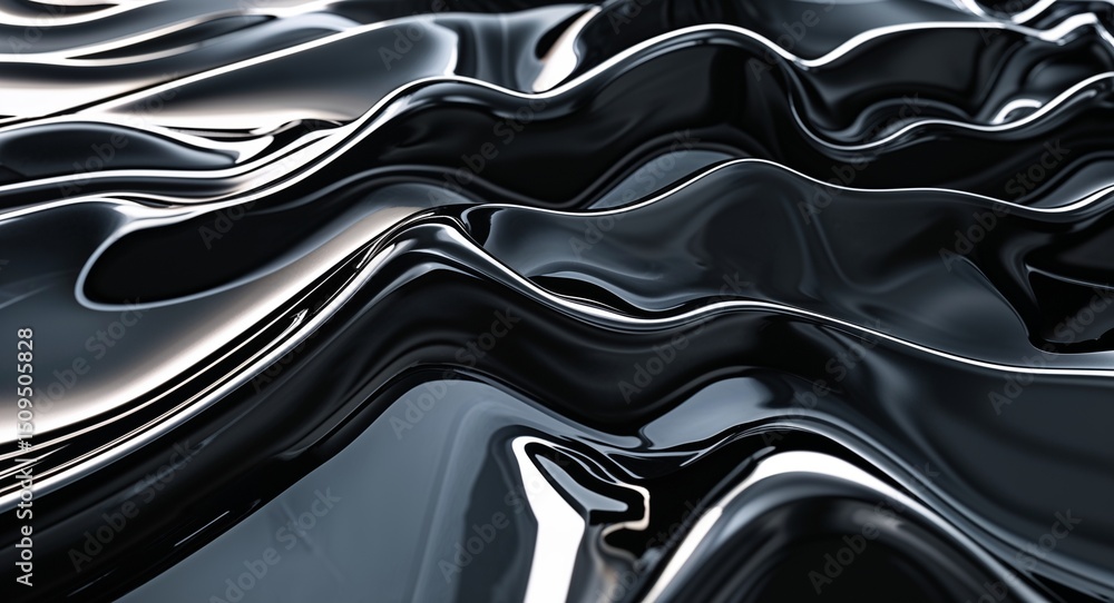 Aufkleber glossy black abstract surface with wavy textures and dynamic light reflections creating depth